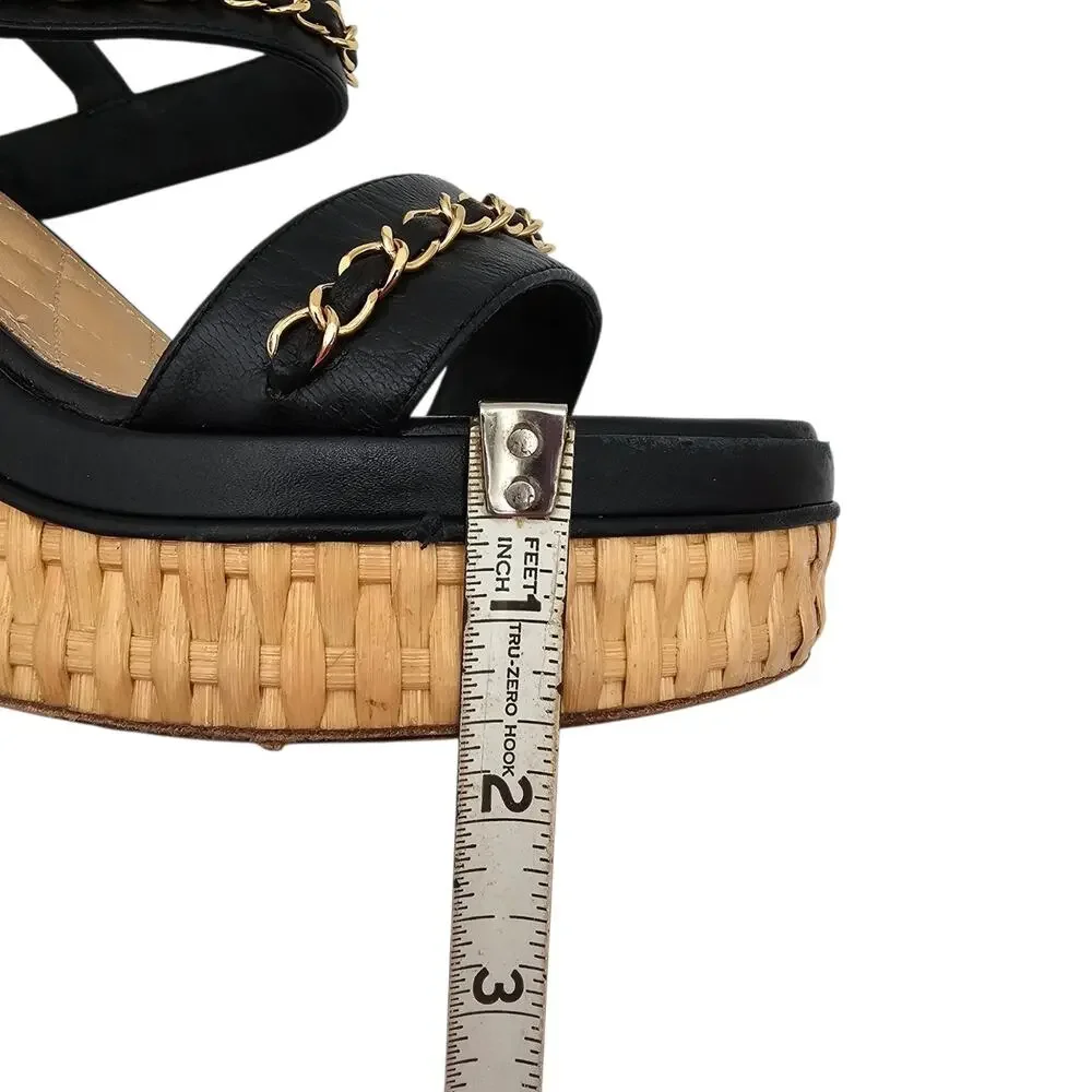 Chanel CC Chain Black Leather Platform Wedge Sandal Gold Brown Size 39 8 8.5